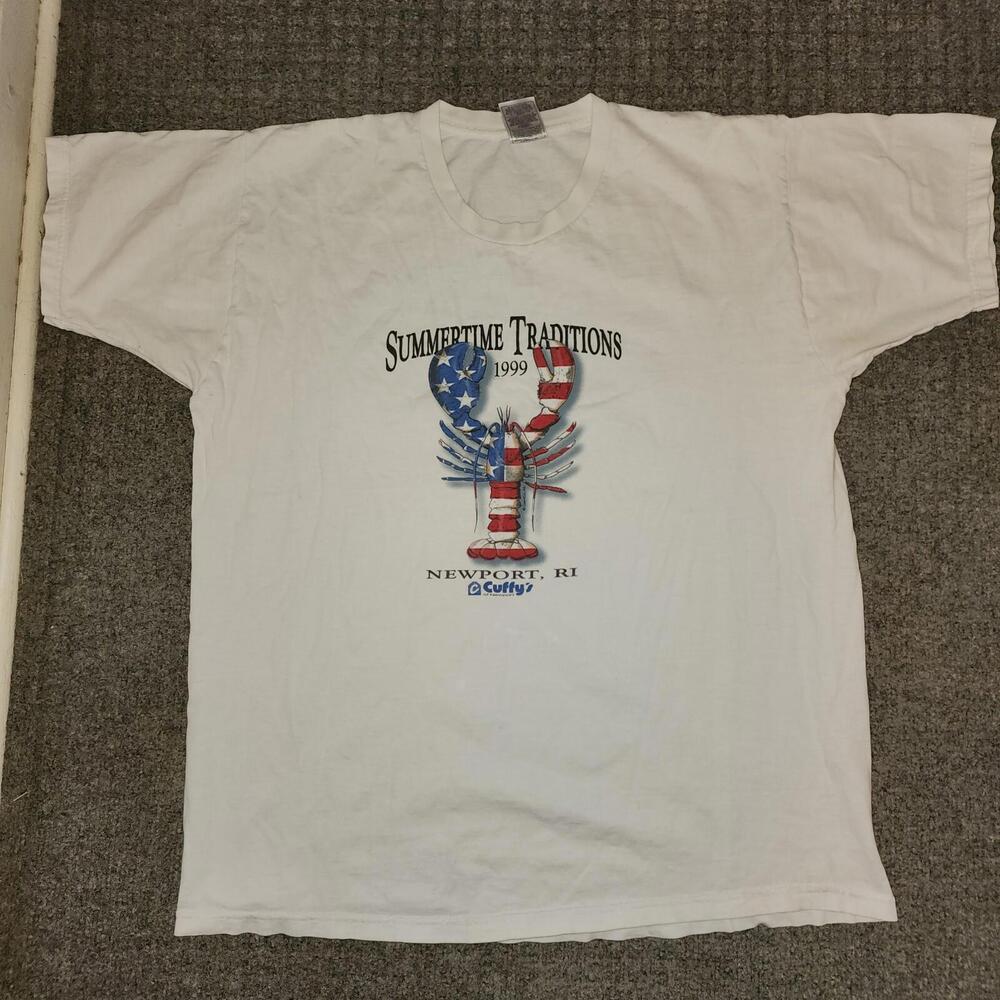 Vntg 1999 Cuffys Newport RI Red White Blue Lobster Summer  Mens Shirt 4th July